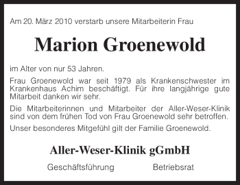 Traueranzeige von Marion Groenewold von KREISZEITUNG SYKE