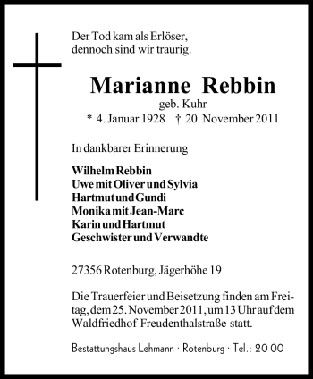 Traueranzeige von Marianne Rebbin von KREISZEITUNG SYKE