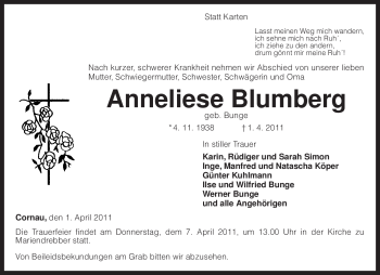 Traueranzeige von Anneliese Blumberg von KREISZEITUNG SYKE