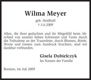 Traueranzeige von Wilma Meyer von KREISZEITUNG SYKE