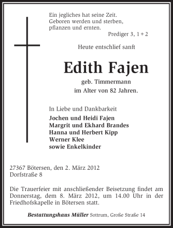 Traueranzeige von Edith Fajen von KREISZEITUNG SYKE