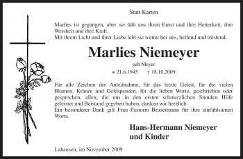 Traueranzeige von Marlies Niemeyer von KREISZEITUNG SYKE