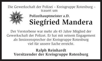 Traueranzeige von Siegfried Mandera von KREISZEITUNG SYKE