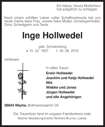 Traueranzeige von Inge Hollwedel von KREISZEITUNG SYKE