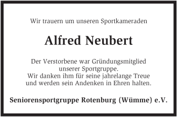 Traueranzeige von Alfred Neubert von KREISZEITUNG SYKE