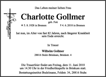 Traueranzeige von Charlotte Gollmer von KREISZEITUNG SYKE