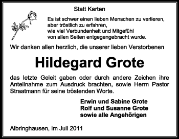 Traueranzeige von Hildegard Grote von KREISZEITUNG SYKE