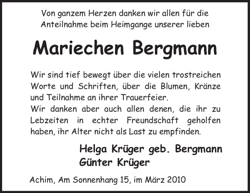  Traueranzeige für Mariechen Bergmann vom 06.03.2010 aus KREISZEITUNG SYKE