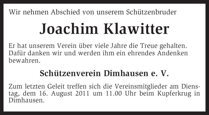  Traueranzeige für Joachim Klawitter vom 13.08.2011 aus KREISZEITUNG SYKE