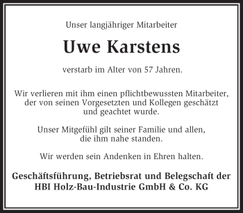 Traueranzeige von Uwe Karstens von KREISZEITUNG SYKE