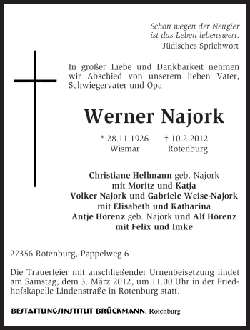 Traueranzeige von Werner Najork von KREISZEITUNG SYKE