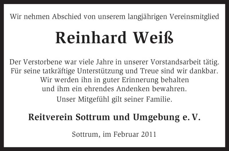  Traueranzeige für Reinhard Weiß vom 03.02.2011 aus KREISZEITUNG SYKE