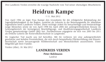 Traueranzeige von Heidrun Kampe von KREISZEITUNG SYKE