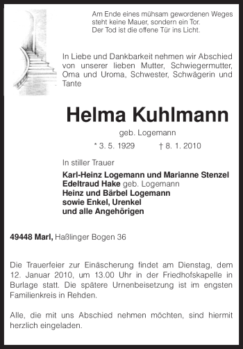 Traueranzeige von Helma Kuhlmann von KREISZEITUNG SYKE