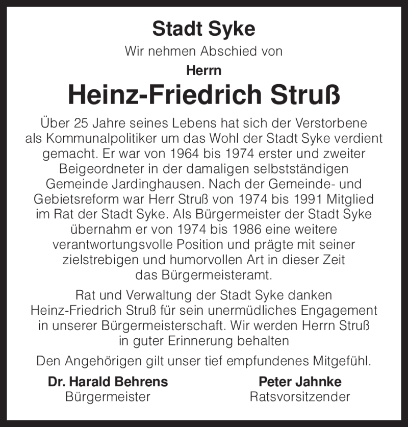  Traueranzeige für Heinz-Friedrich Struß vom 27.05.2010 aus KREISZEITUNG SYKE