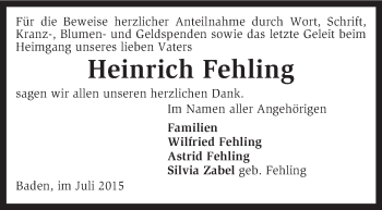 Traueranzeige von Heinrich Fehling von KRZ