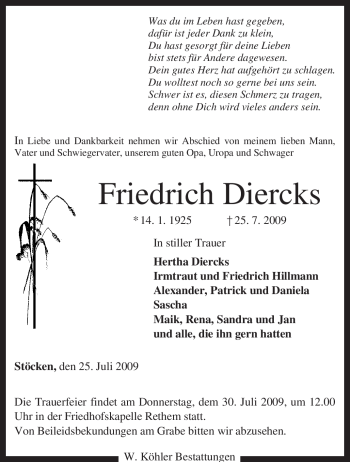 Traueranzeige von Friedrich Diercks von KREISZEITUNG SYKE