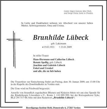 Traueranzeige von Brunhilde Lübeck von KREISZEITUNG SYKE