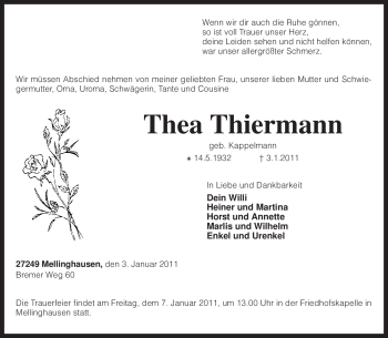 Traueranzeige von Thea Thiermann von KREISZEITUNG SYKE