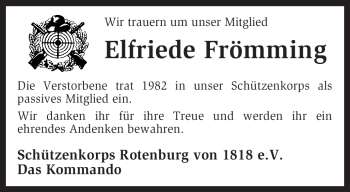Traueranzeige von Elfriede Frömming von KREISZEITUNG SYKE