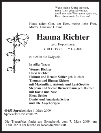 Traueranzeige von Hanna Richter von KREISZEITUNG SYKE