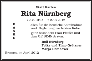 Traueranzeige von Rita Nürnberg von KREISZEITUNG SYKE