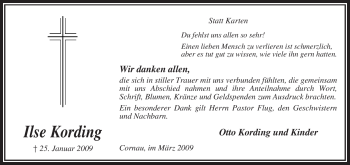 Traueranzeige von Ilse Kording von KREISZEITUNG SYKE