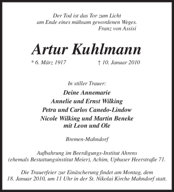 Traueranzeige von Artur Kuhlmann von KREISZEITUNG SYKE