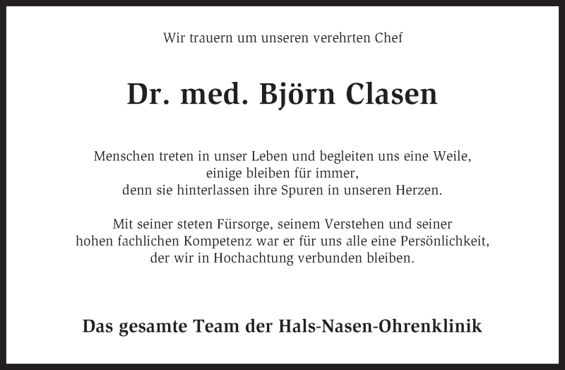  Traueranzeige für Björn Clasen vom 10.04.2015 aus KRZ