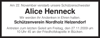 Traueranzeige von Alice Henneck von KREISZEITUNG SYKE