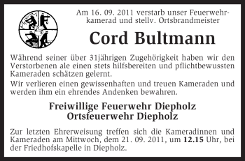 Traueranzeige von Cord Bultmann von KREISZEITUNG SYKE