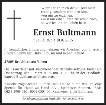 Traueranzeige von Ernst Bultmann von KRZ