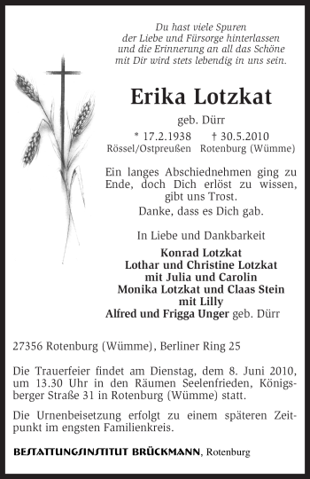 Traueranzeige von Erika Lotzkat von KREISZEITUNG SYKE