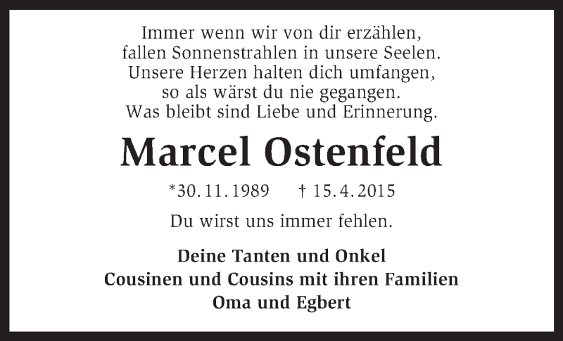 Traueranzeige für Marcel Ostenfeld vom 20.04.2015 aus KRZ