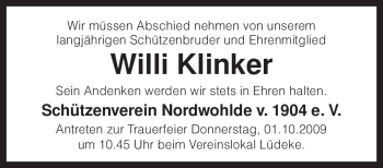 Traueranzeige von Willi Klinker von KREISZEITUNG SYKE