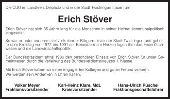 Traueranzeige von Erich Stöver von KREISZEITUNG SYKE