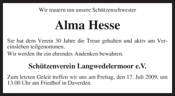 Traueranzeige von Alma Hesse von KREISZEITUNG SYKE