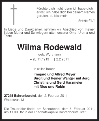 Traueranzeige von Wilma Rodewald von KREISZEITUNG SYKE