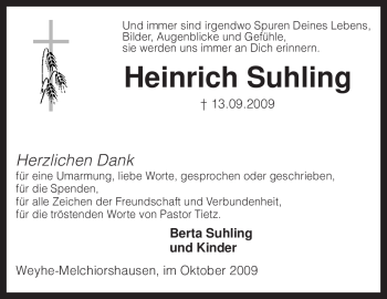 Traueranzeige von Heinrich Suhling von KREISZEITUNG SYKE