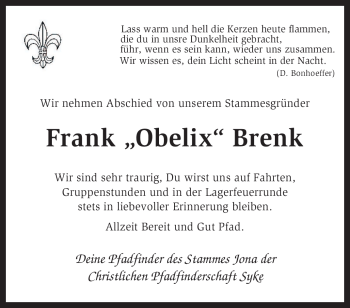 Traueranzeige von Frank Brenk von KREISZEITUNG SYKE