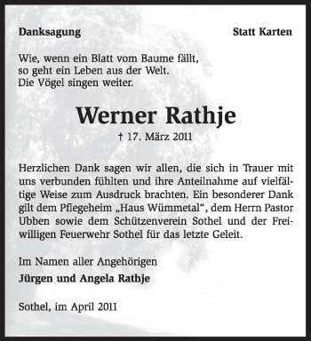 Traueranzeige von Werner Rathje von KREISZEITUNG SYKE