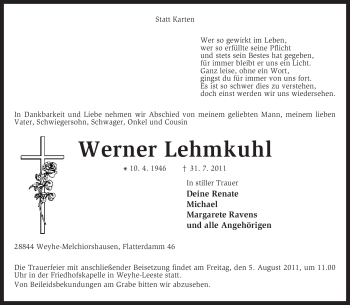 Traueranzeige von Werner Lehmkuhl von KREISZEITUNG SYKE