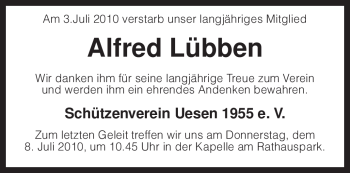 Traueranzeige von Alfred Lübben von KREISZEITUNG SYKE