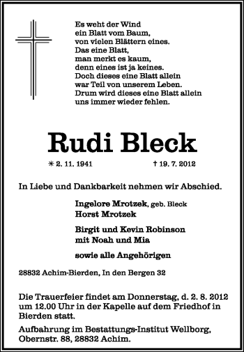 Traueranzeige von Rudi Bleck von KREISZEITUNG SYKE