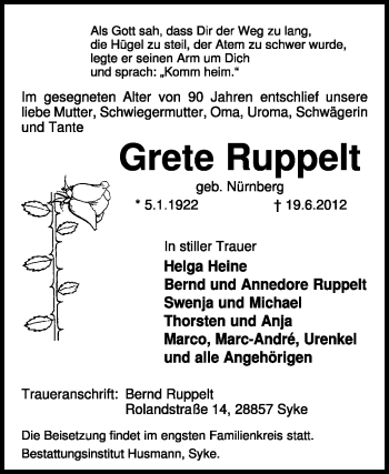 Traueranzeige von Grete Ruppelt von KREISZEITUNG SYKE