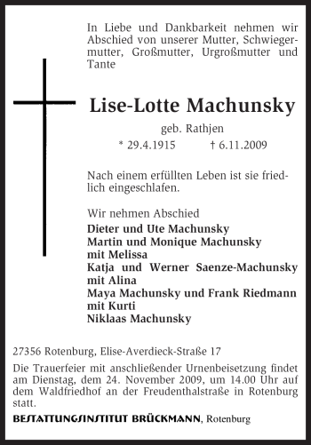 Traueranzeige von Lise-Lotte Machunsky von KREISZEITUNG SYKE