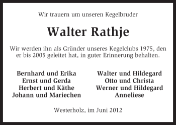 Traueranzeige von Walter Rathje von KREISZEITUNG SYKE