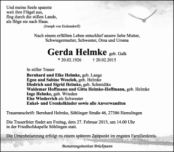 Traueranzeige von Gerda Helmke von KRZ