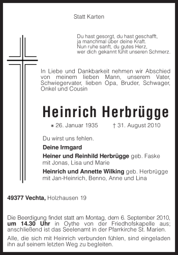 Traueranzeige von Heinrich Herbrügge von KREISZEITUNG SYKE