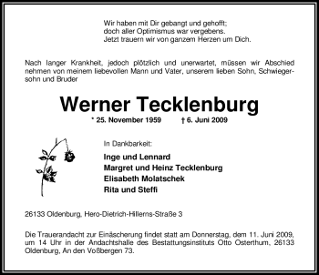 Traueranzeige von Werner Tecklenburg 